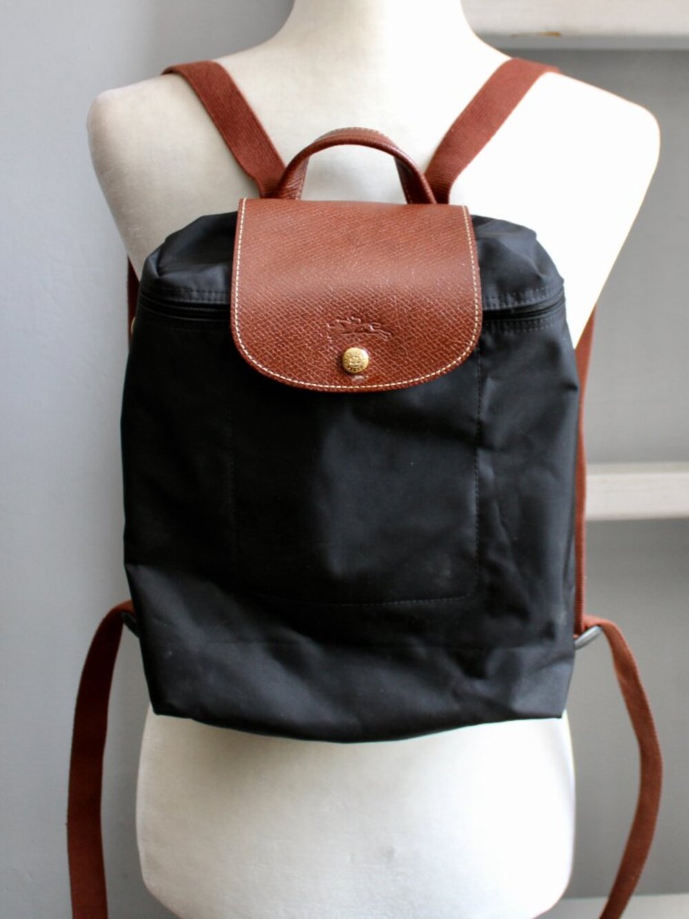 Longchamp Le Pliage Sac A Dos Modele Depose Nylon Backpack Black Brown